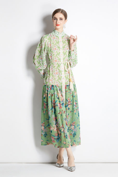 Alluring & Mesmerizing Floral Print Flowy Hem with Stand-Up Collar, Women Long Maxi Dress - Mint